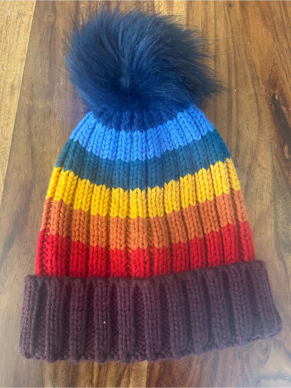 Retro style Rainbow Stripe Pom Pom Winter Beanie Hat toque